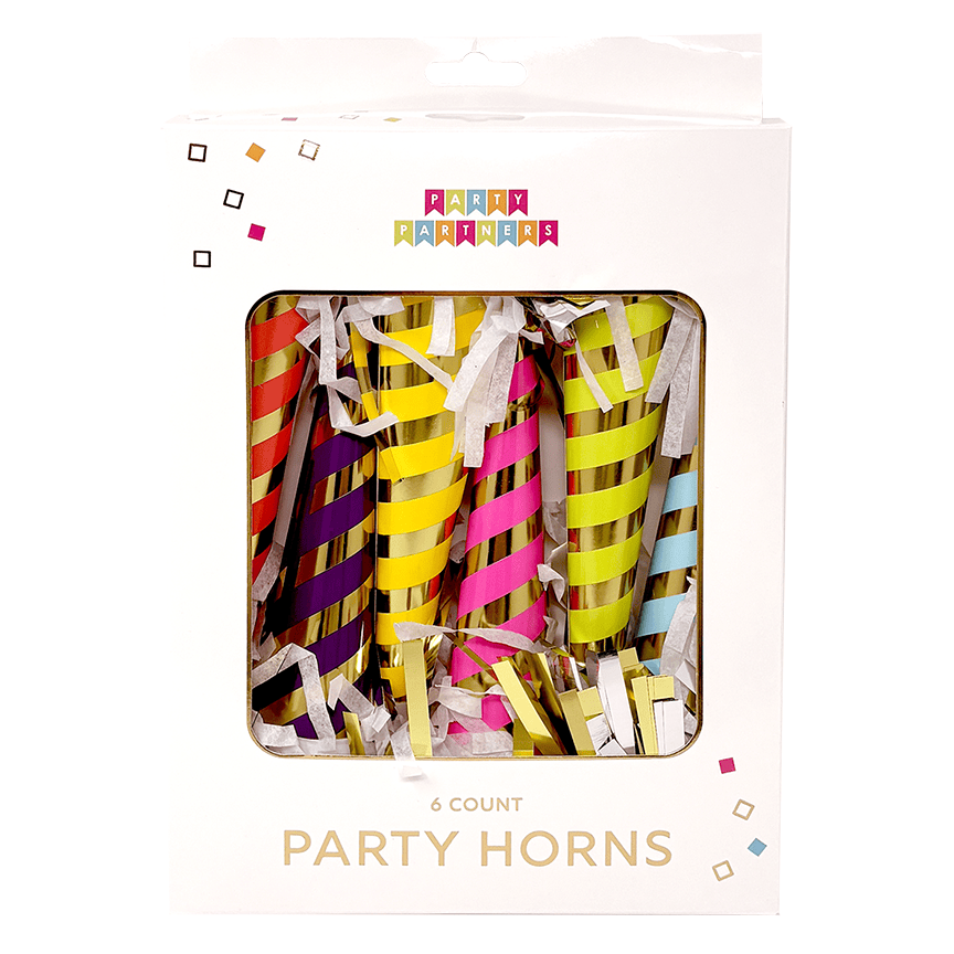 Scalloped striped Tooters party horns with colorful patterns, made by Party Partners, ready for celebration and festive fun.